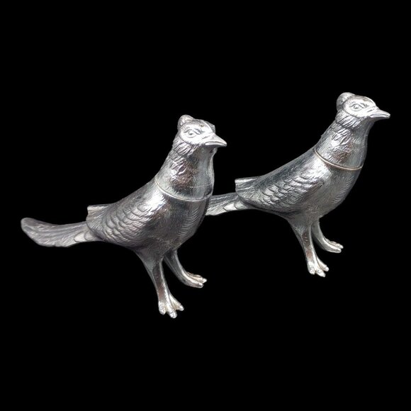 Vtg MCM Pheasants Salt & Pepper Shakers Silver Plated Long Tail Birds Pair Set - Picture 1 of 16